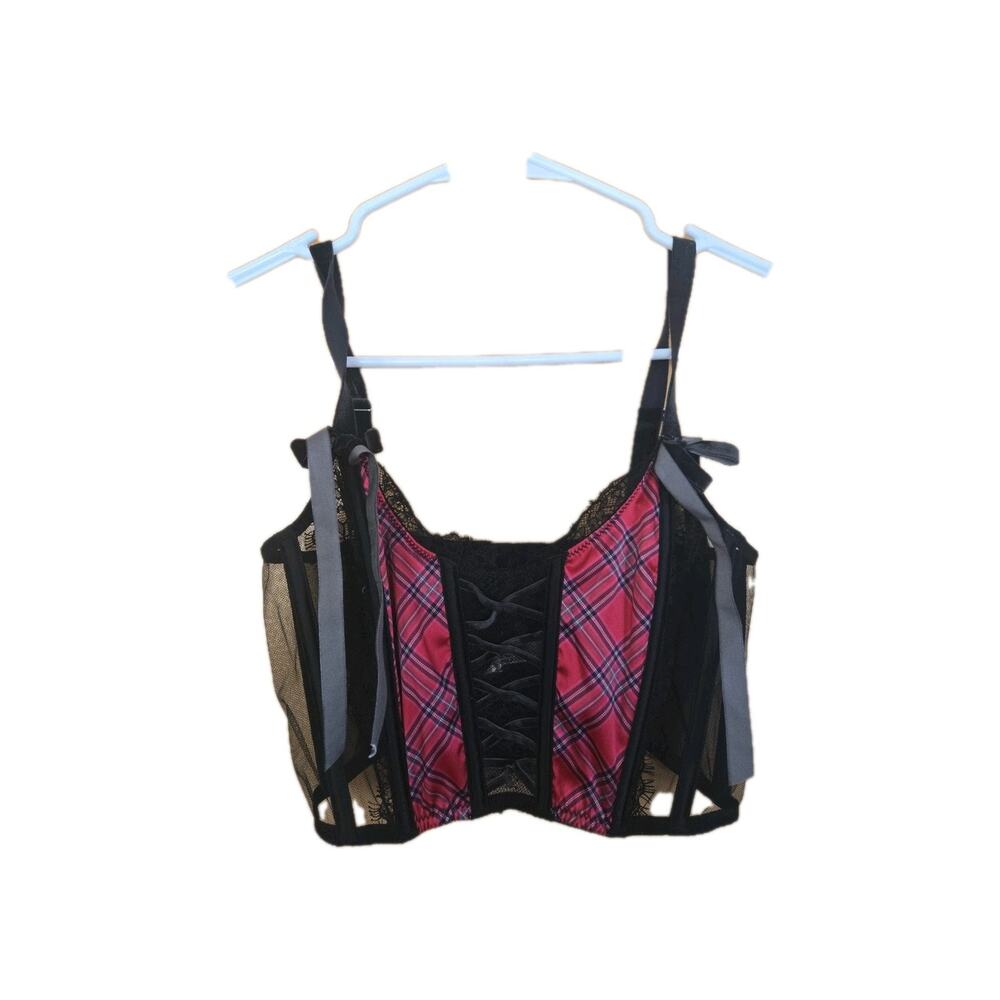 Victoria's Secret DREAM ANGEL Lace up Corset Bra Red Plaid Velvet XS